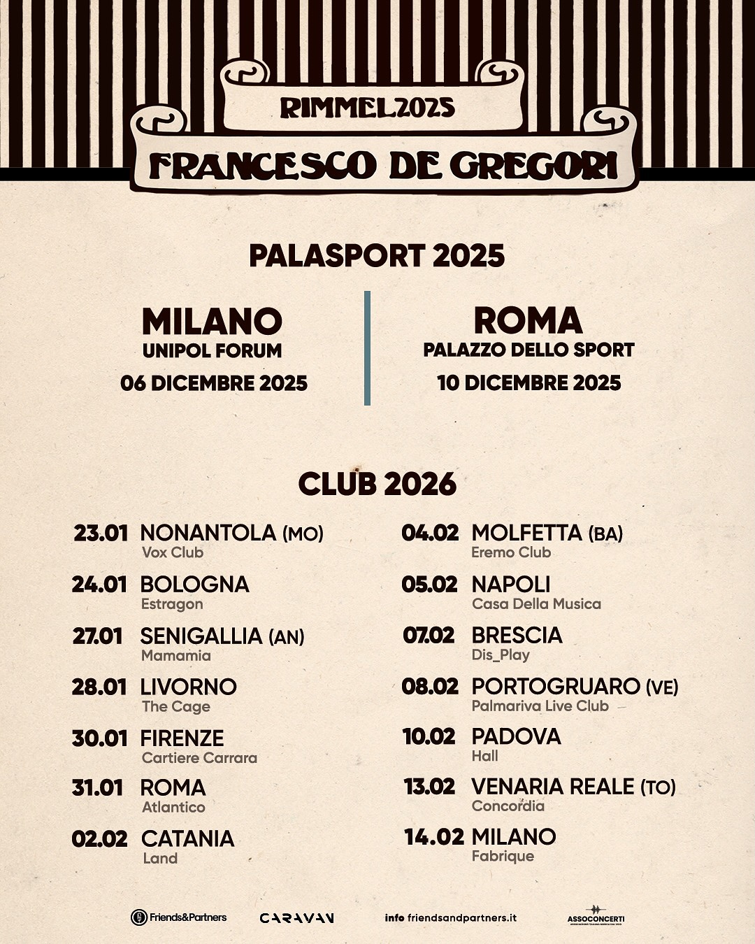 Poster tour Francesco De Gregori Rimmel 2026 - Teatri Palasport Club 2026